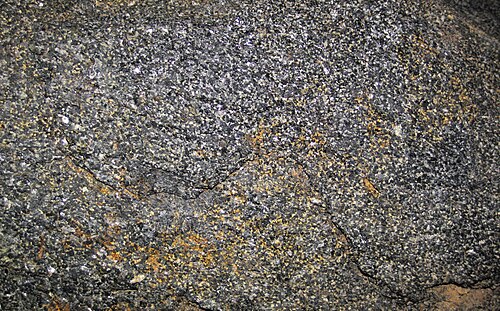 Amphibolite formed by metamorphism of basalt showing coarse texture