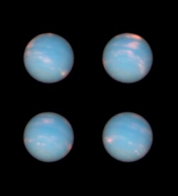 Four images taken a few hours apart with the NASA/ESA Hubble Space Telescope's Wide Field Camera 3. Near-infrared radiation data has been used as a red channel.[137]