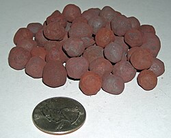 Processed taconite pellets with reddish surface oxidation used in steelmaking with a US quarter (24 mm [0.94 in] diameter) shown for scale