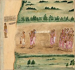 An 1820 painting showing a Hindu funeral procession in South India. The pyre is to the left, near a river, the lead mourner is walking in front, the dead body is wrapped in white and is being carried to the cremation pyre, relatives and friends follow.[6]