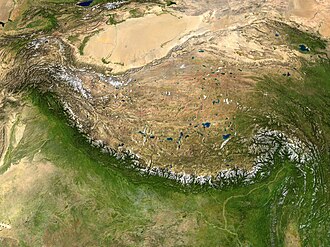 Satellite image of the Tibetan Plateau between the Himalayan mountains to the south and the Taklamakan Desert to the north