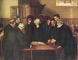 Painting by John Henry Lorimer, The Ordination of Elders in a Scottish Kirk, 1891, now in the National Gallery of Scotland