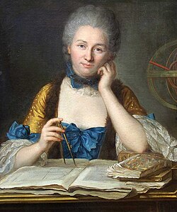 Émilie du Châtelet (1706–1749) was the first to publish the relation for kinetic energy E kin ∝ m v 2 {\displaystyle E_{\text{kin}}\propto mv^{2}} , derived from the experimental observation of objects dropped into clay. (Portrait by Maurice Quentin de La Tour.)