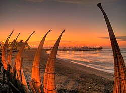 Caballitos de totora, reed watercraft used by fishermen for the past 3000 years at Huanchaco, Peru, known for its surf breaks
