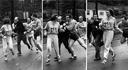 Switzer being assaulted by Jock Semple while running the Boston Marathon; taken by Harry A. Trask