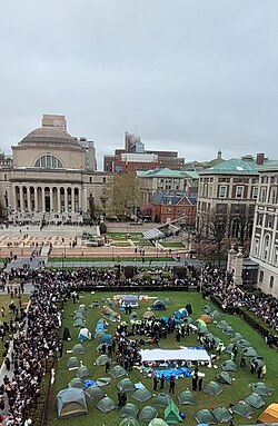 NYPD pictured during their arrest of approximately 100 students who remained inside the original East Lawn encampment. A crowd of protesters and student bystanders surround the lawn.