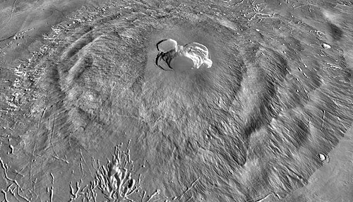 Flank terraces on slopes of Ascraeus Mons give the volcano's northwestern (left) and southeastern flanks (right) a rumpled appearance. Note the numerous depressions and channels on the volcano's southwestern flank (bottom). Vertical exaggeration is 3x. Image is THEMIS IR daytime mosaic overlain on MOLA topography.