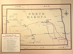 Northern Plains Overland Trails 1866–1877 map on display at the Fort Totten Historic Site