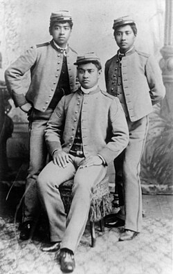 The Three Princes of Hawaii who introduced surfing to California in Santa Cruz, 1885: Jonah Kūhiō Kalanianaʻole (left), David Kawānanakoa (center), and Edward Abnel Keliʻiahonui (right)