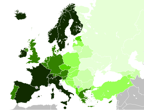 Map of the European countries by life expectancy in 2020 according to the World Bank: More than 82 years Between 80 and 82 years Between 78 and 80 years Between 75 and 78 years Between 73 and 75 years Less than 73 years No data