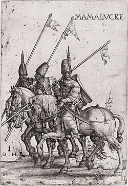 Ottoman Mamluk lancers, early 16th century. Etching by Daniel Hopfer (c. 1526–1536), British Museum, London.[71]
