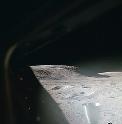 The lunar surface through the Apollo 16 Lunar Module window shortly after landing