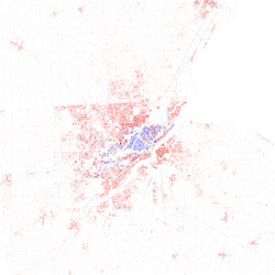 Map of racial distribution in Toledo, 2010 U.S. Census. Each dot is 25 people: ⬤ White ⬤ Black ⬤ Asian ⬤ Hispanic ⬤ Other