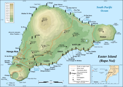 Rapa Nui, showing the three main volcanoes Terevaka, Poike, Rano Kau, as well as Anakena beach, the islets including Motu Nui. Modern Hanga Roa and Mataveri International Airport, the ruins at Orongo and the quarry at Rano Raraku. It marks major ahus with moai.