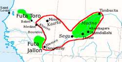 The Toucouleur Empire of Omar Saidou Tall expanded from Futa Toroo into new regions (red) in the 19th century.