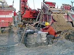 Geologist mud logging, common in petroleum and water-well drilling