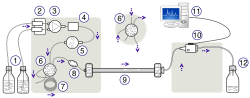 Schematic representation of an HPLC unit (1) solvent reservoirs, (2) solvent degasser, (3) gradient valve, (4) mixing vessel for delivery of the mobile phase, (5) high-pressure pump, (6) switching valve in "inject position", (6') switching valve in "load position", (7) sample injection loop, (8) pre-column (guard column), (9) analytical column, (10) detector (i.e., IR, UV), (11) data acquisition, (12) waste or fraction collector