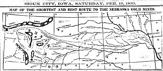 1859 map of route from Sioux City, Iowa, through Nebraska, to gold fields of Wyoming, following old Mormon trails.