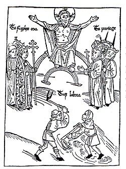 Representation of the Three Estates under the lordship of Jesus Christ. They are labeled Tu supplex ora (you pray), Tu protege (you protect), Tuque labora (and you work).