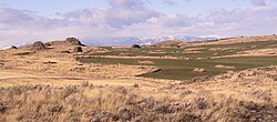 Multiple erratics on the Withrow terminal moraine of the Okanogan Lobe. Cascade Mountains in the background.