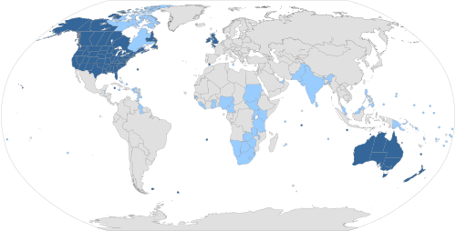 English language distribution Majority native language Official or administrative language, but not native language