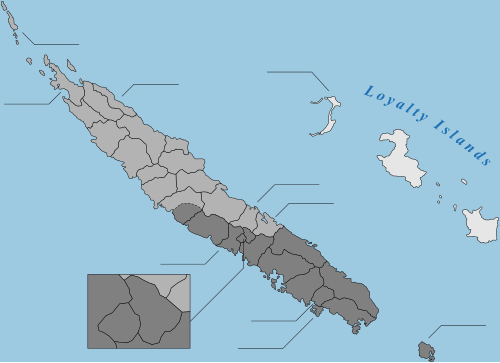 Map of the New Caledonian communes. Light gray and dark grey denotes northern and southern province, respectively.
