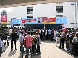 Rush at delegate pass distribution cell at Kalabhavan theatre