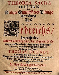 Title page of the German first edition of Telluris Theoria Sacra, 1698