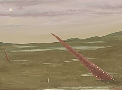 An illustration depicting Cameroceras shells sticking out of the mud as a result of draining seaways during the Ordovician–Silurian extinction event