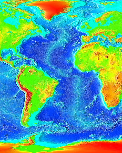 A bathymetric map of the Mid-Atlantic Ridge (shown in light blue in the middle of the Atlantic Ocean)