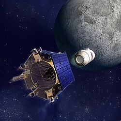 An illustration of the LCROSS Centaur rocket stage and Shepherding Spacecraft as they approach impact with the lunar south pole on October 9, 2009.