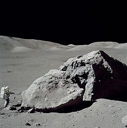 Planetary geologist and NASA astronaut Harrison "Jack" Schmitt collecting lunar samples during the Apollo 17 mission in early-December 1972