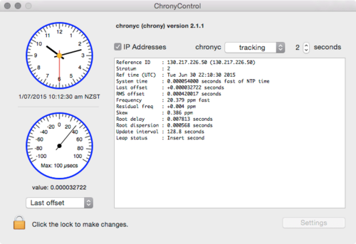 Screenshot of ChronyControl on macOS, showing an insert second announcement by NTP on 30 June 2015