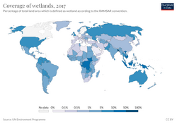 World map showing the coverage of wetlands as percentage of total land area defined as wetland according to the Ramsar convention by country[104]