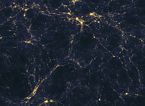 Computer simulated image of an area of space more than 50 million light-years across, presenting a possible large-scale distribution of light sources in the universe—precise relative contributions of galaxies and quasars are unclear.