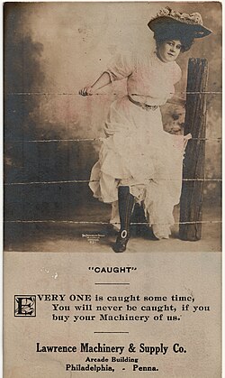 A woman shown caught in barbed wire in an early 20th century advertisement