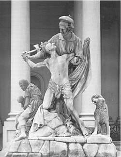 The Rescue sculpture stood outside the U.S. Capitol building between 1853 and 1958. A work commissioned by the U.S. government, its sculptor Horatio Greenough wrote that it was "to convey the idea of the triumph of the whites over the savage tribes".[205]