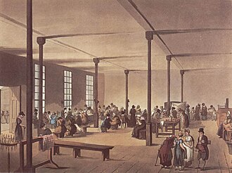 Poorhouses/workhouses were the first implemented national framework to provide a basic level of care to the old and infirm. Pictured, is "The workroom at St James's workhouse" from The Microcosm of London (1808).