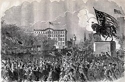 Mass meeting April 20, 1861 to support the Government at Washington's equestrian statue in Union Square, Manhattan