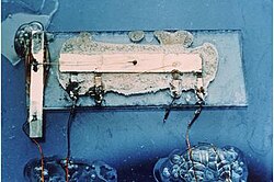 Jack Kilby's original integrated circuit – the first in the world – made from germanium with gold-wire interconnects