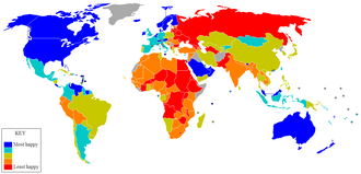 World map indicating world happiness (2006) Good situation Satisfactory situation Noticeable problems Difficult situation Very serious situation Unclassified / no data