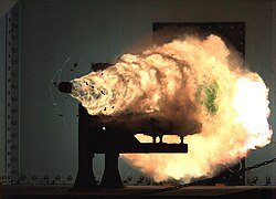 Test firing a railgun at the Naval Surface Warfare Center, January 2008