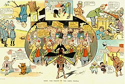 A cartoon from the October 31, 1905, edition of Puck magazine; seen as supporting "Hoist" in his bid for governor are Happy Hooligan, Foxy Grandpa, Alphonse and Gaston, Buster Brown, The Katzenjammer Kids, and Maud the mule. All of these comic strips ran in newspapers owned by Hearst.