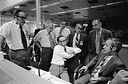 NASA officials conferring on whether to allow the Apollo 16 landing, April 20, 1972