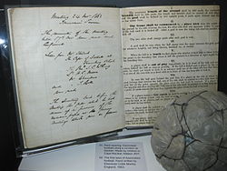 An early draft of the original hand-written "Laws of the Game", drawn up on behalf of the Football Association by Ebenezer Cobb Morley in 1863, on display at the National Football Museum in Manchester.