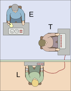 The experimenter (E) orders the teacher (T), the subject of the experiment, to give what the latter believes are painful electric shocks to a learner (L), who is actually an actor and confederate. The subject believes that for each wrong answer, the learner received actual electric shocks, though in reality, there were no such punishments. Being separated from the subject, the confederate set up a tape recorder integrated with the electro-shock generator, which played pre-recorded sounds for each shock level etc.[248]