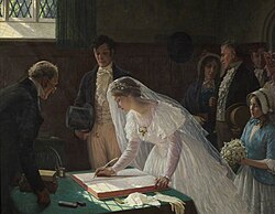 Many cultures have adopted the traditional Western custom of a white wedding, when a bride wears a white wedding dress and veil. Painting by Edmund Leighton (1853–1922).