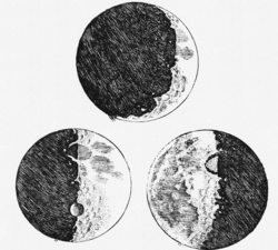 The first published sketches of one of the first telescopic observations of the Moon, from the paper Sidereus Nuncius (1610) by Galileo Galilei, providing among other findings the first descriptions of the Moon's topography