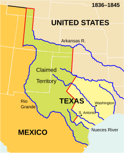 Map of the Republic of Texas showing lands claimed by Texas after 1836 and present-day outline of New Mexico on the boundaries of 1836–1845