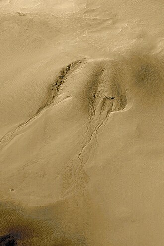 Scientists believe that groundwater sapping created these gullies in Noachis Terra on Mars.[citation needed] NASA image.